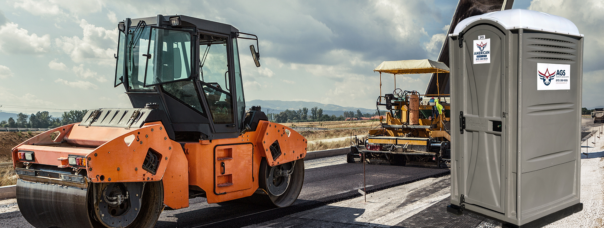 hwy construction with single porta potty rental wider view